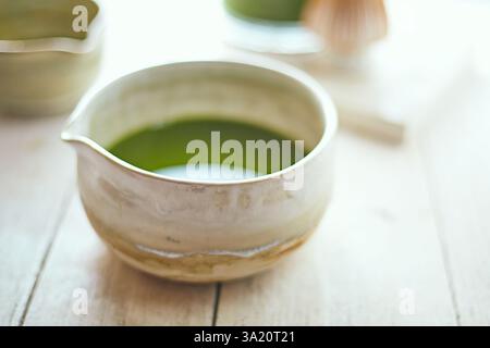 Nahaufnahme pures Matcha-Grüntee, Cafe-Menü Stockfoto