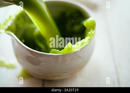 Nahaufnahme pures Matcha-Grüntee, Cafe-Menü Stockfoto