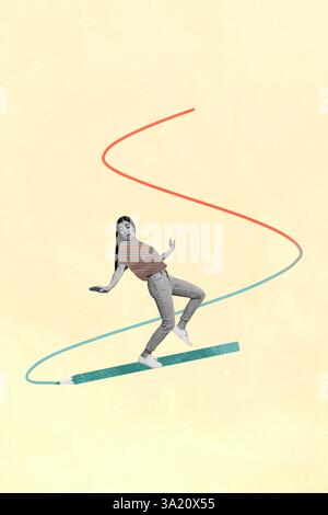 Vorlage Collage Design Trend Artwork 3D Skizze des Erfolgs Aspiration Entwicklung Ziel Herausforderung junge Frau Studentin Stand Bleistift Stockfoto