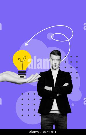 Trendkunstwerk Composite Banner 3D-Fotocollage von Hand halten Ideenlampe Brainstorming Genie kreatives Gedankenspiel junger Mann selbstbewusster Stand Stockfoto