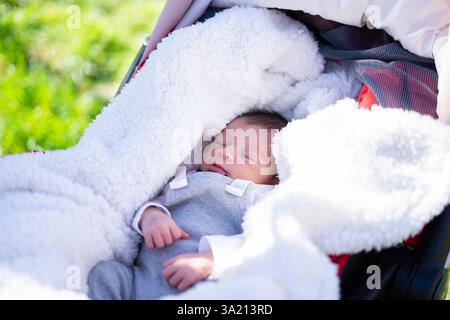 Das Neugeborene schläft im Freien in einem Kinderwagen, genießt frische Luft und Sonnenschein Stockfoto