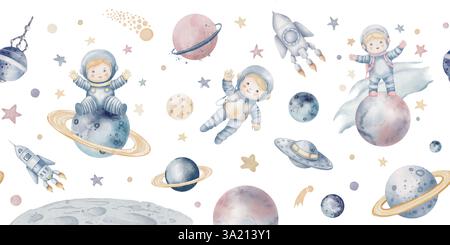 Aquarell nahtlose Space Border mit niedlichen Astronauten, Planeten, Raketen und Sternen, die in einer kosmischen Szene schweben. Illustration eines Musters für Kinderzimmer Wandbilder oder Tapeten in Pastellfarben. Stockfoto
