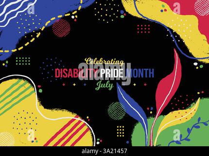 Behinderung Pride Month Memphis Konzept Hintergrund. Poster mit abstrakter Textur für Juli. Vektorillustration für horizontales Banner. Website-Header, soci Stock Vektor