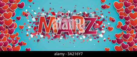 Cyan Header Flying Hearts Side Maerz Deutscher Text Maerz übersetzen März. Stockfoto