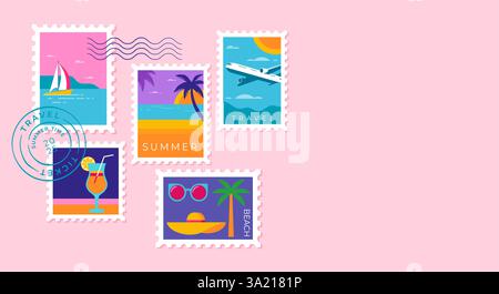 Stempel Für Sommerferien. Hüllkurvenhintergrund mit Strand- und Feiertagssymbolen. Stock Vektor