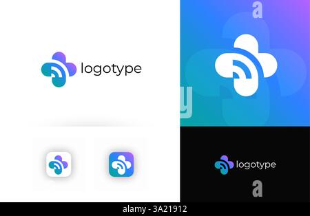 Telemedizin-Logo mit medizinischem Kreuz, das digitale Gesundheitswesen und Online-Konsultationen symbolisiert. Geeignet für Telemedizin, virtuelle Kliniken, Online Stock Vektor