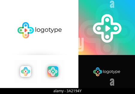 Telemedizin-Logo mit medizinischem Kreuz, das digitale Gesundheitswesen und Online-Konsultationen symbolisiert. Geeignet für Telemedizin, virtuelle Kliniken, Online Stock Vektor