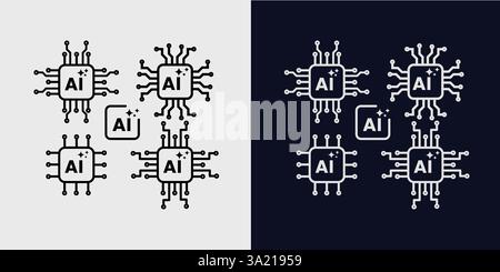 Künstliche Intelligenz Ikonen Ai, Gehirn, Tech Chip Stock Vektor