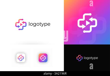 Telemedizin-Logo mit medizinischem Kreuz, das digitale Gesundheitswesen und Online-Konsultationen symbolisiert. Geeignet für Telemedizin, virtuelle Kliniken, Online Stock Vektor