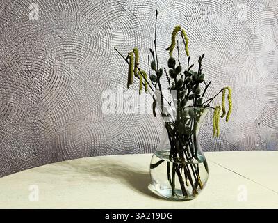 Eine minimalistische florale Komposition mit Zweigen und Katzetten in einer transparenten Glasvase. Stockfoto