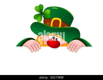 Cartoon-Zwerg in grünem Hut mit einem Kleeblatt auf weißem Hintergrund. Stock Vektor