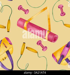 Nahtloses Muster mit Sportausrüstung für Damen. Sprungseil, Yogamatte, pinkfarbene Kurzhanteln und Sporttasche. Helle Aquarellabbildung auf gelbem Hintergrund Stockfoto