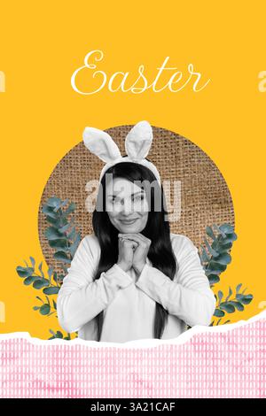 Vertikale Fotocollage Bild junge sorglose lächelnde Frau Kaninchenaugen hinterlässt Hintergrund positive Stimmung osterfeier Stockfoto