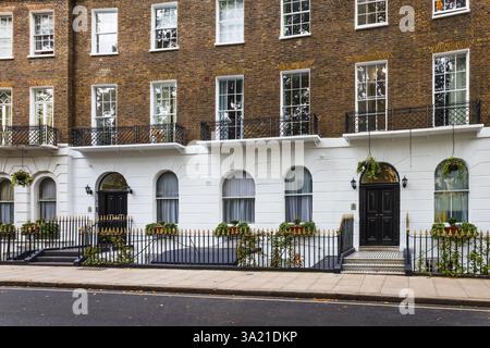 Elegante Stadthäuser im georgianischen Stil mit weißen Fassaden und schwarzen Geländern in London Stockfoto