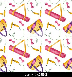 Nahtloses Muster mit Fitnessgeräten. Sprungseil, Yogamatte, Kurzhanteln und Sporttasche. Helle Aquarellabbildung, isoliert vom Hintergrund Stockfoto
