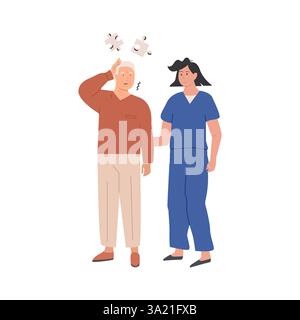 Älterer Mann mit Gedächtnisverlust und kognitiver Beeinträchtigung, unterstützt durch eine betreuende Krankenschwester. Alzheimer-Krankheit und Demenzsymptome. Gesundheitswesen und Stock Vektor