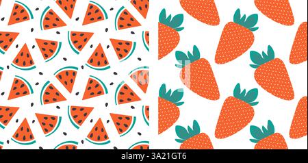 Ganze dreieckige Scheiben aus Erdbeeren und Wassermelonen, nahtlose Muster, die zwei Hintergrundideen für den Sommer schaffen. Isolierte Vektor-Illustration Wallpaper Wrapping oder Web-Promo-Banner Thematische Karten, Etikett, Posten Stock Vektor