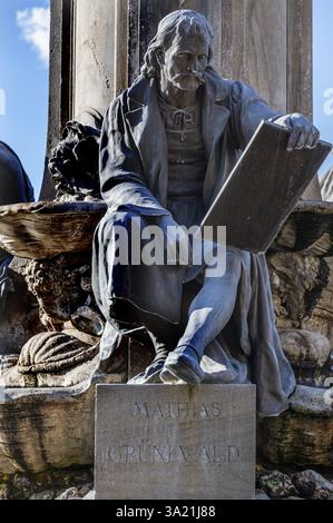 Mathias Gruenewald Brunnenfigur am Frankoniabrunnen, neobarock, errichtet 1894, Residenzplatz, Würzburg, Niederfranken, Bayern, Deutschland Stockfoto