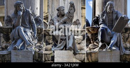 Brunnenfiguren, Walther von der Vogelweide, Tilmann Riemenschneider und Mathias Gruenewald auf den Frankoniabrunnen, neobarock, geschaffen 1894, re Stockfoto
