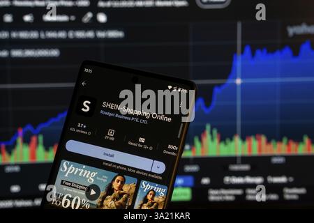 Dhaka, Bangladesch 08. März 2025: Mode-E-Commerce-Unternehmen Shein vor Börsendiagramm . Schwerpunkt auf dem Display des Telefons. Unverändertes Foto Stockfoto