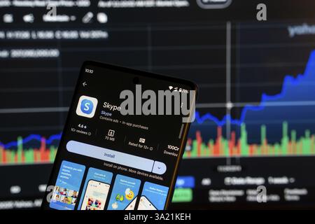 Dhaka, Bangladesch 08. März 2025: Installationsbildschirm der Skype-App auf einem Smartphone und im Hintergrund das Finanzmarktdiagramm Stockfoto