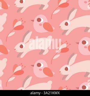 Verspielte Hasen, Vögel und Blumen in einem bezaubernden, nahtlosen rosa Muster Stock Vektor