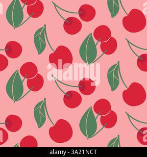 Nahtloses Muster von hellen roten Kirschen mit Blättern auf rosa Hintergrund Stock Vektor