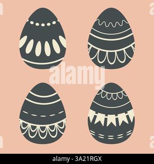 Osterferien, dekoratives Eiersymbol-Set. Schwarz-weiße isolierte Elemente, flaches Zeichentrickdesign, Doodle Retro Ornament Illustration für Stock Vektor