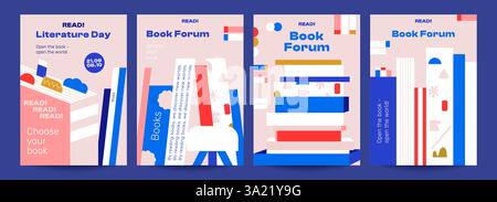 4 Universalplakate für das Buchfestival. Lesezeichen, Notizen und viele Bücher. Helles Design, ideal für literarische Veranstaltungen. Stock Vektor