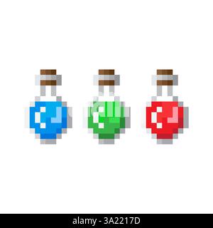 Tränkflaschen Vektor. Pixelart. Bunte Flüssigkeitsbehälter. Von Minecraft inspiriertes Design. Stock Vektor