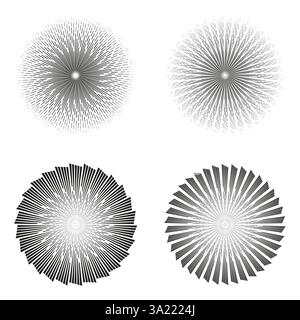 Symbol für radialen Burst. Abstraktes Vektormuster. Kreisförmige Sonnenschliff-Form. Schwarzweiß-Kontrast. Stock Vektor