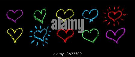Set mit bunten Herzzeichen, gezeichnet mit Wachsstift. Liebessymbole im Doodle-Stil. Sammlung von handgezeichneten Kinderherzen für valentinskarten oder Stock Vektor