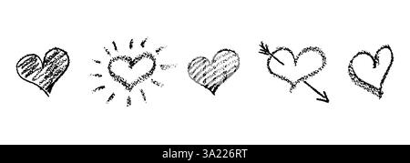 Set mit schwarzen Herzzeichen, gezeichnet mit Wachsstift. Liebessymbole im Doodle-Stil. Sammlung handgezeichneter Kinderherzen, schattiert, mit Sonnenstrahlen Stock Vektor
