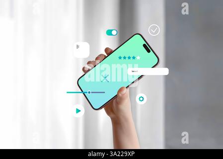 Erhöhtes Smartphone mit fliegenden UI-Komponenten, die App-Design, Benutzererfahrung und Softwareentwicklungsprozess symbolisieren Stockfoto