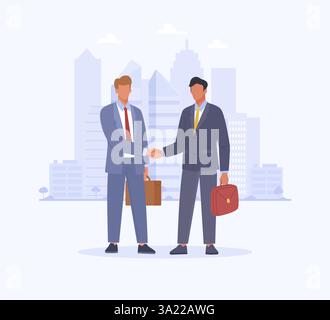 Geschäftspartnerschaft. Zwei Männer in Anzügen schütteln sich die Hände auf den Hintergrund der Stadt. Geschäftskonzept Vertragsabschluss, Teamarbeit Stock Vektor