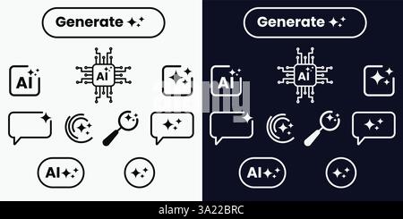Künstliche Intelligenz Ikonen Ai, Gehirn, Tech Chip Stock Vektor