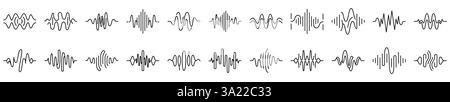 Symbol für Schallwellen. Satz schwarzer linearer Schallwellen. Bearbeitbare Kontur. Stock Vektor