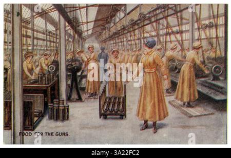 Original WW1 Ära illustrierte farbige Postkarte „Food for the Guns“, weibliche Munitionsarbeiter, die in einer Fabrik Granaten herstellen, um 1917. Dies ist eine spezielle Kriegsanleihe-Kampagne, die in Verbindung mit den Kampagnen des National war Savings Committee ausgestellt wurde. „Feed the Guns with war Bonds“ ist im Briefkasten gedruckt. Britische Geldmittel, die Kriegsbemühungen sammeln. GROSSBRITANNIEN Stockfoto