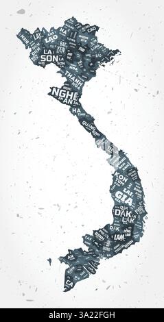Vietnam Regionen Wortwolken. Länderform auf strukturiertem Hintergrund. Vietnam-Design im typografischen Stil. Künstlerische Vektorillustration. Stock Vektor