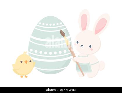 Niedlicher Osterhase in einer Schürze mit einem Pinsel und das Küken, das neben dem Osterei steht, isoliert auf weißem Hintergrund. Мector Abbildung Stock Vektor