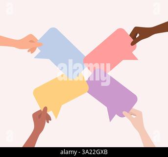 Hände von Menschen verschiedener Nationalitäten und Hauttöne mit bunten Sprechblasen. Illustration des flachen Vektors Stock Vektor