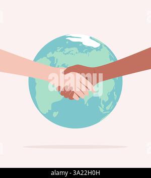 Handschlag von zwei Händen von Menschen verschiedener Nationalitäten und Hauttöne auf dem Hintergrund der Erdkugel. Illustration des flachen Vektors Stock Vektor