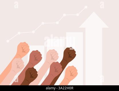 Hände von Menschen verschiedener Nationalitäten und Hauttöne erhoben und zu Fäusten geballt auf dem Hintergrund einer wachsenden Grafik mit einem Pfeil Stock Vektor