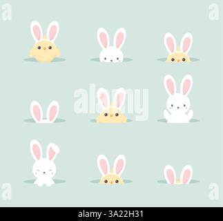 Süße Osterhasen und Küken mit Hasenohren, die aus Höhlen schauen. Illustration des flachen Vektors Stock Vektor