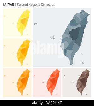 Taiwan Kartensammlung. Länderform mit farbigen Regionen. Blaugrau, Gelb, Bernstein, Orange, Deep Orange, braune Farbpaletten. Stock Vektor