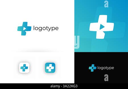 Telemedizin-Logo mit medizinischem Kreuz, das digitale Gesundheitswesen und Online-Konsultationen symbolisiert. Geeignet für Telemedizin, virtuelle Kliniken, Online Stock Vektor