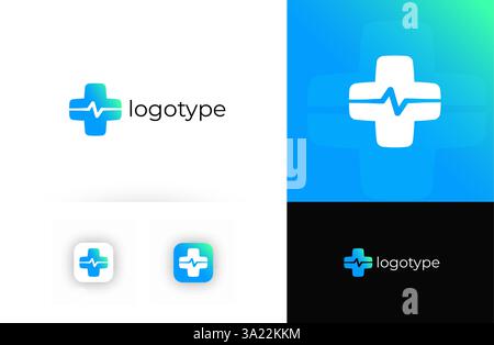 Telemedizin-Logo mit medizinischem Kreuz, das digitale Gesundheitswesen und Online-Konsultationen symbolisiert. Geeignet für Telemedizin, virtuelle Kliniken, Online Stock Vektor