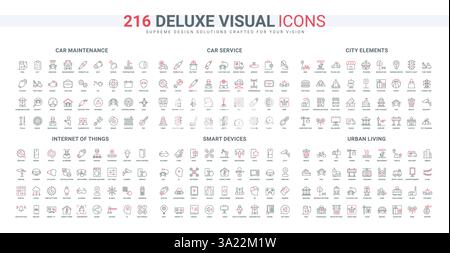 Symbolsatz für Reparatur und Wartung, Autoteile, Stadtgebäude und Infrastruktur. IoT und intelligente Geräte, Zugriff und Gadgets Benachrichtigung dünne schwarze und rote Umrisssymbole Vektorillustration Stock Vektor