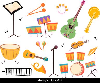 Musikinstrumente. Isoliertes Comic-abstraktes Instrument. Gitarre, Violine, Schlagzeug, Cello, Klarinette. Notenständer und Mikrofon auf einem Ständer, Vektor Stock Vektor