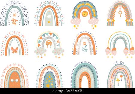 Baby-Doodle-Regenbogen. Regenbogenmuster im Boho-Stil, skandinavische Kinderzimmer-Elemente. Wolken, Bögen und Sterne, Neugeborene mobil. Aufkleber heutzutage Vektordesign Stock Vektor